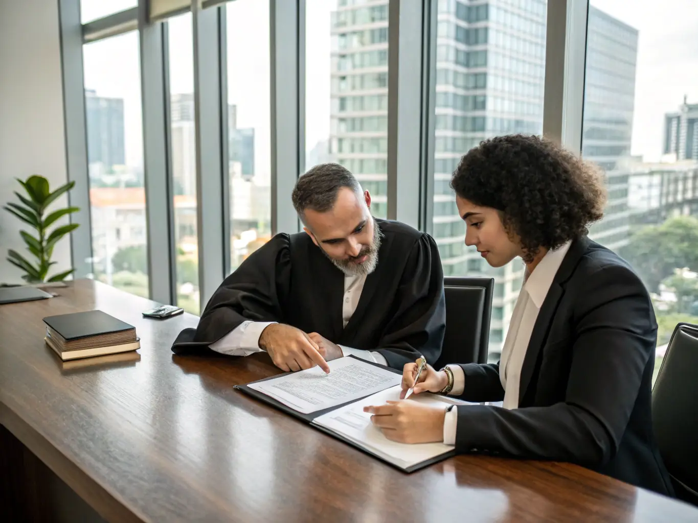A professional image of a lawyer reviewing immigration documents with a client in a modern office setting, symbolizing expert legal guidance.