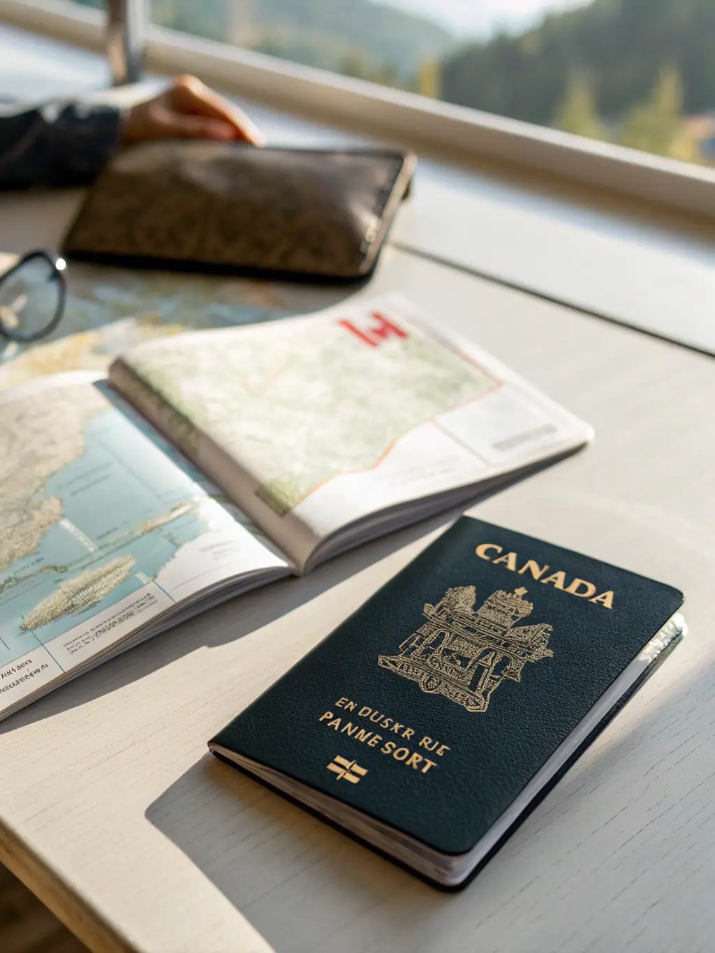 A close-up shot of a Canadian passport with a focus on the embossed maple leaf, symbolizing the start of a new life in Canada.