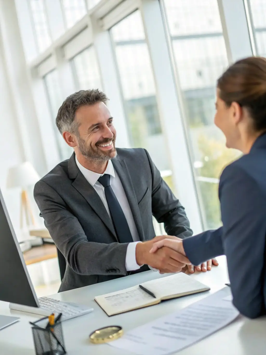 A photo of a lawyer shaking hands with a satisfied client, symbolizing trust and dedication.