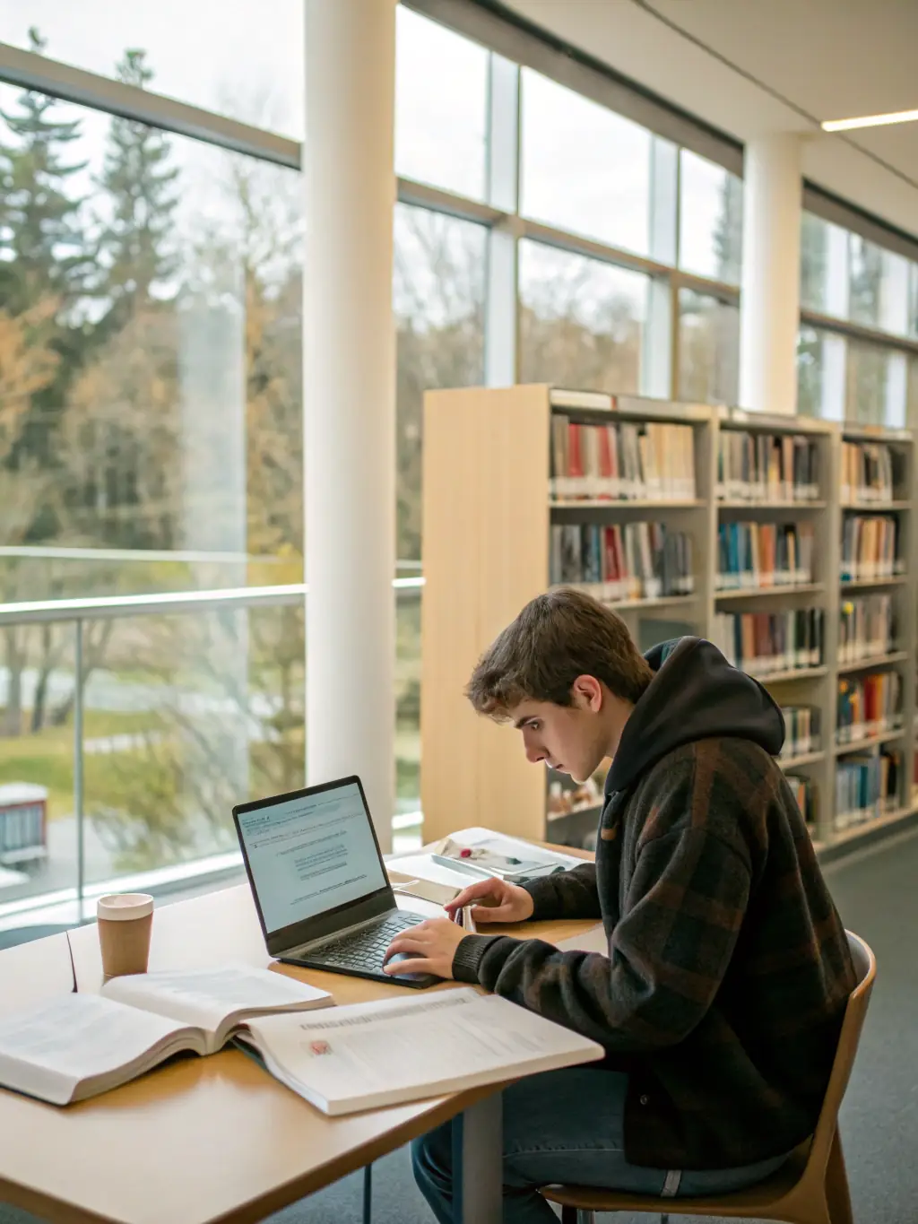 A student studying with Canadian textbooks and a laptop, symbolizing the opportunity for international education.