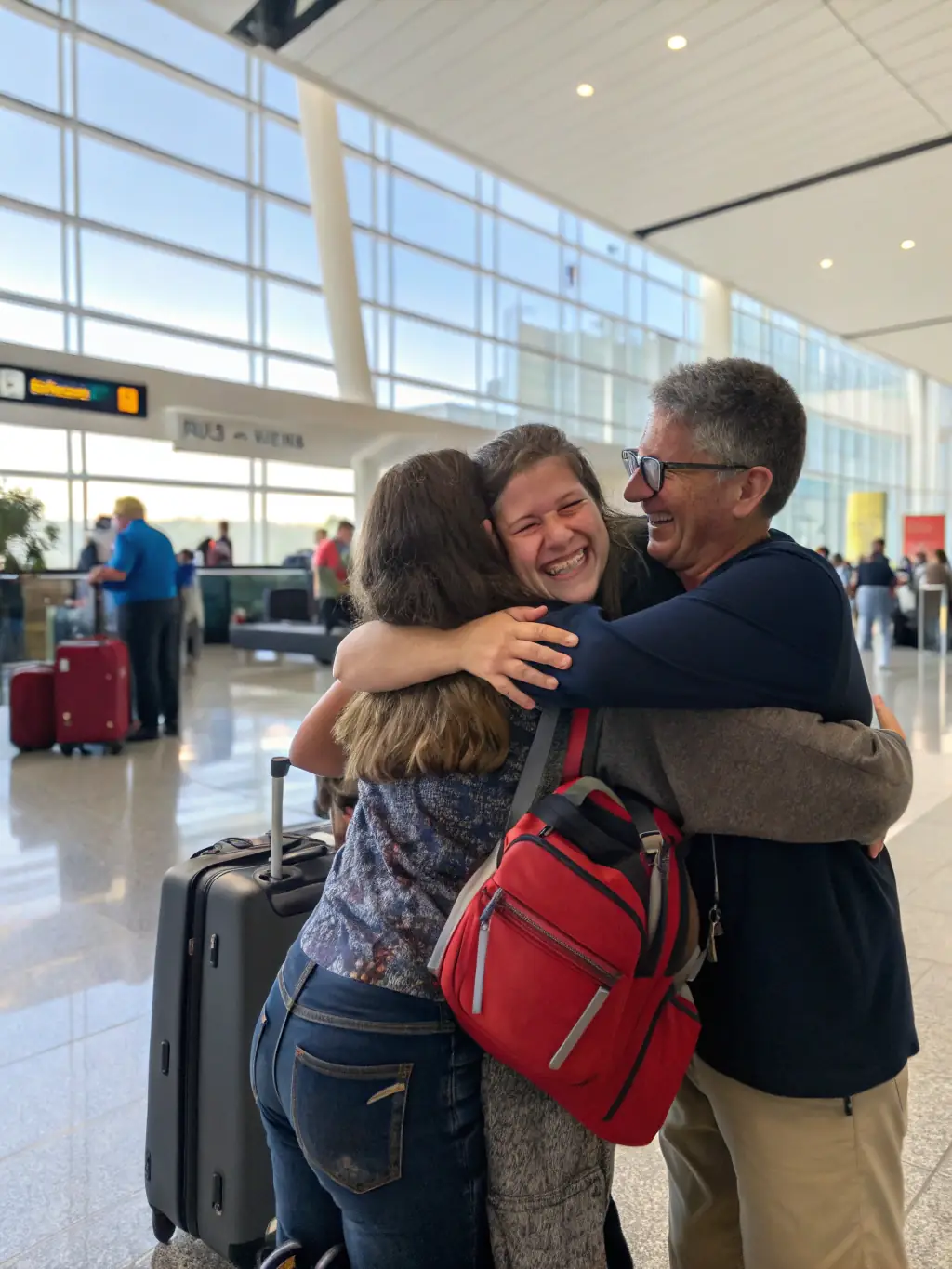 A heartwarming image of a family being reunited at an airport, symbolizing the joy of family sponsorship.